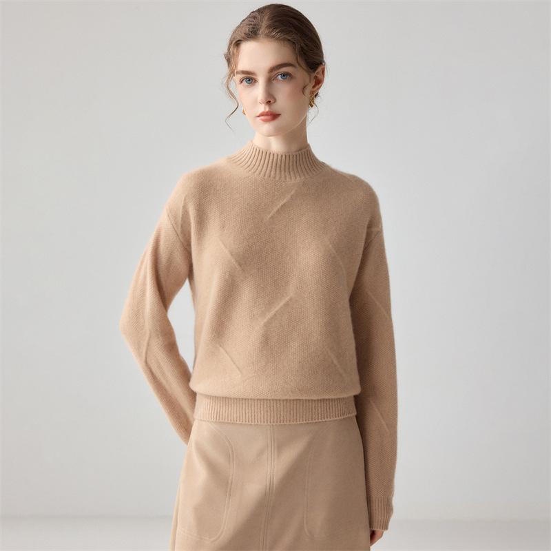Women's Cashmere Jacquard Knit Sweater - Light Luxury Half-High Neck, Long Sleeve, Loose Fit, Skin-Friendly Base Layer.