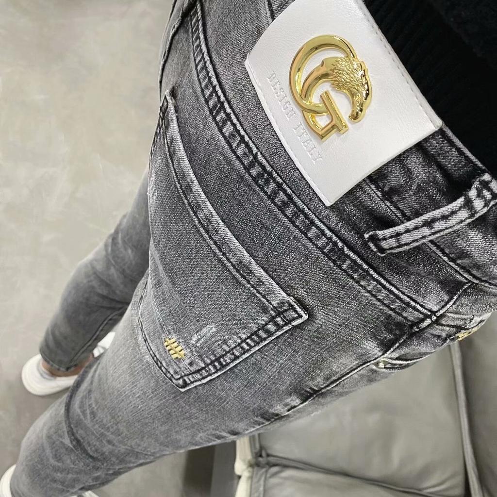 Trendy devět bodů šedé strečové letní tenké džíny pánské tide mužské Slim malé kalhoty