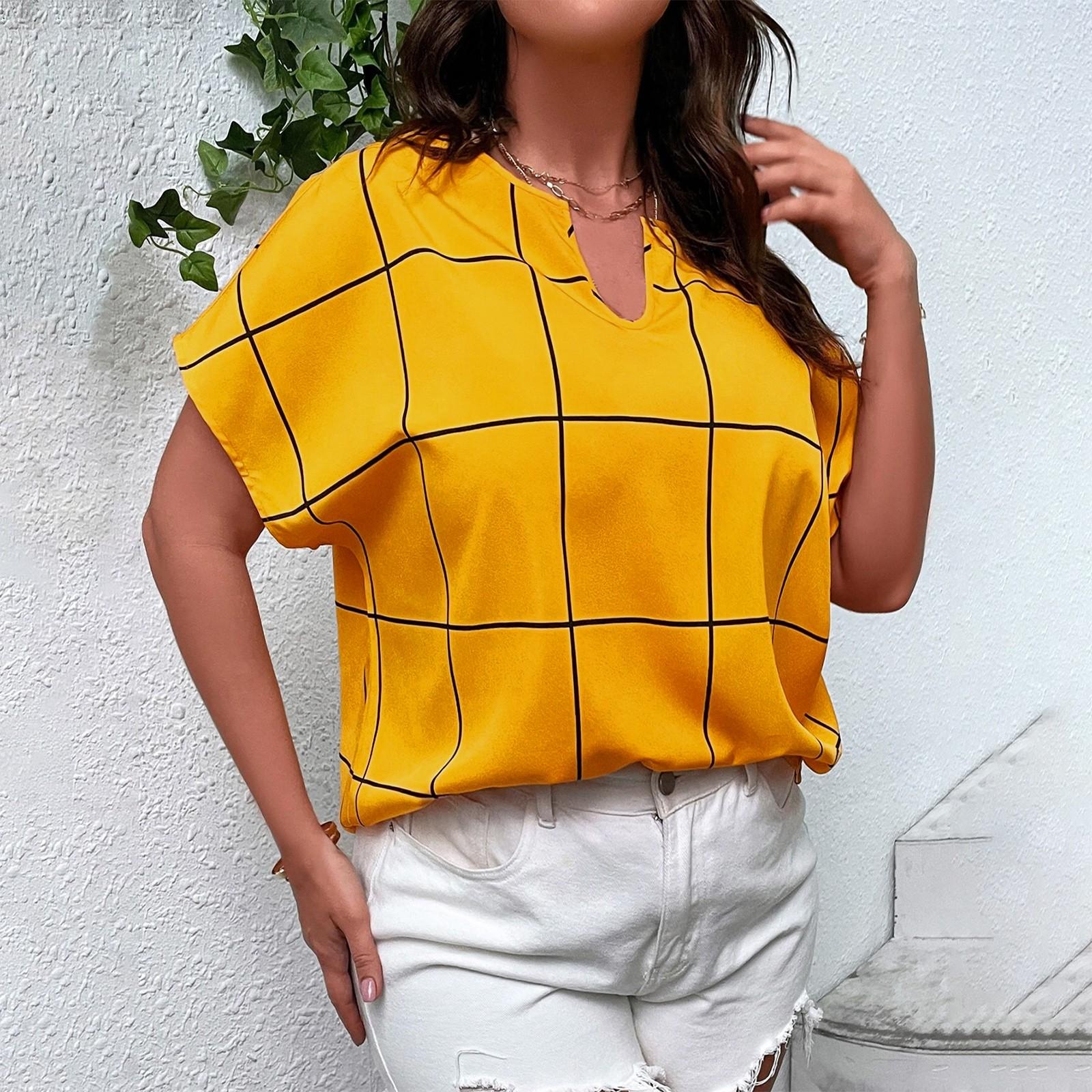 

Весенне-летняя футболка большого размера с клетчатым принтом, рубашка с короткими рукавами и воротником с вырезом, женский топ XL жёлтый