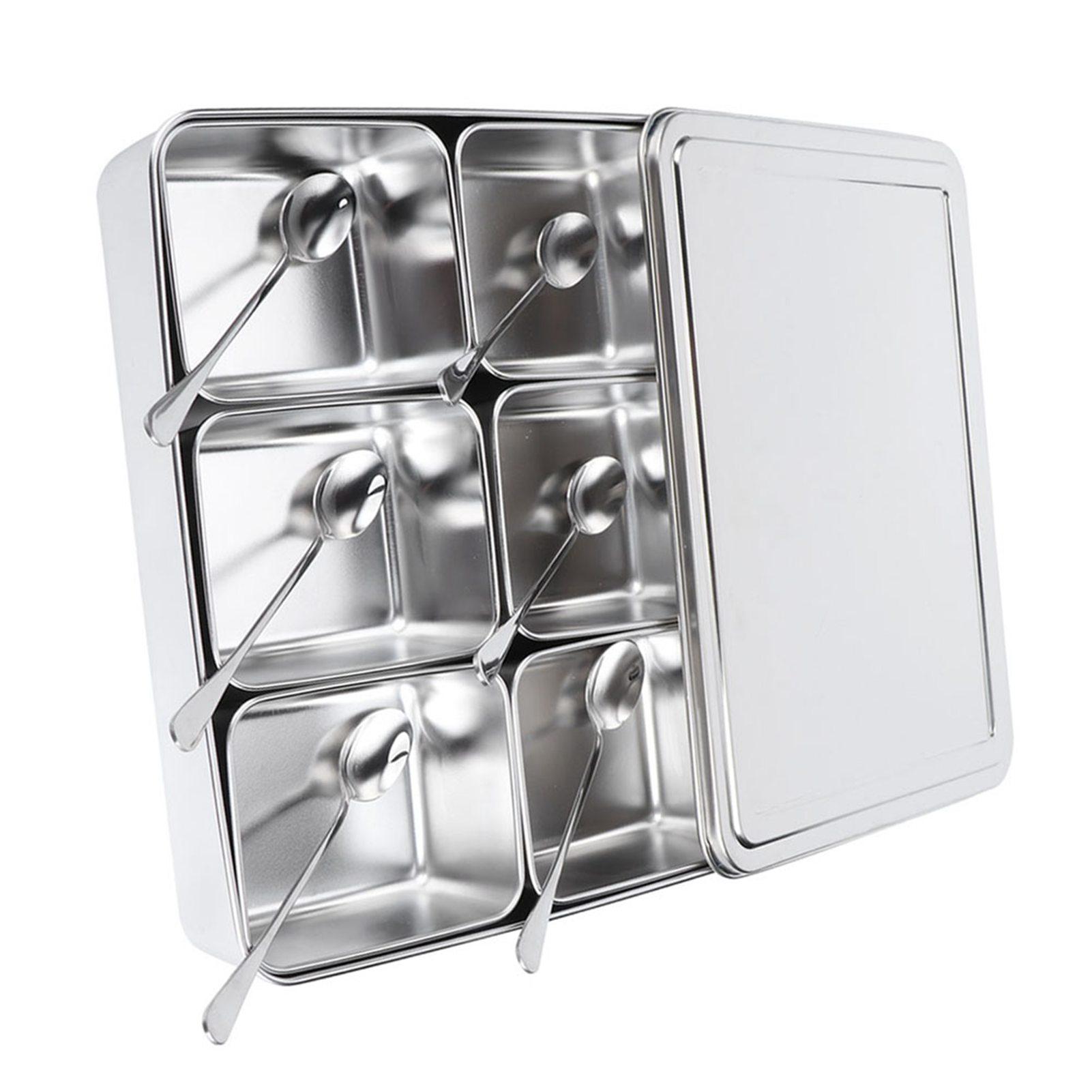 

6‑Grid Stainless Steel Seasoning Box Jar Storage Container Set with Spoons Kitchen Utensils