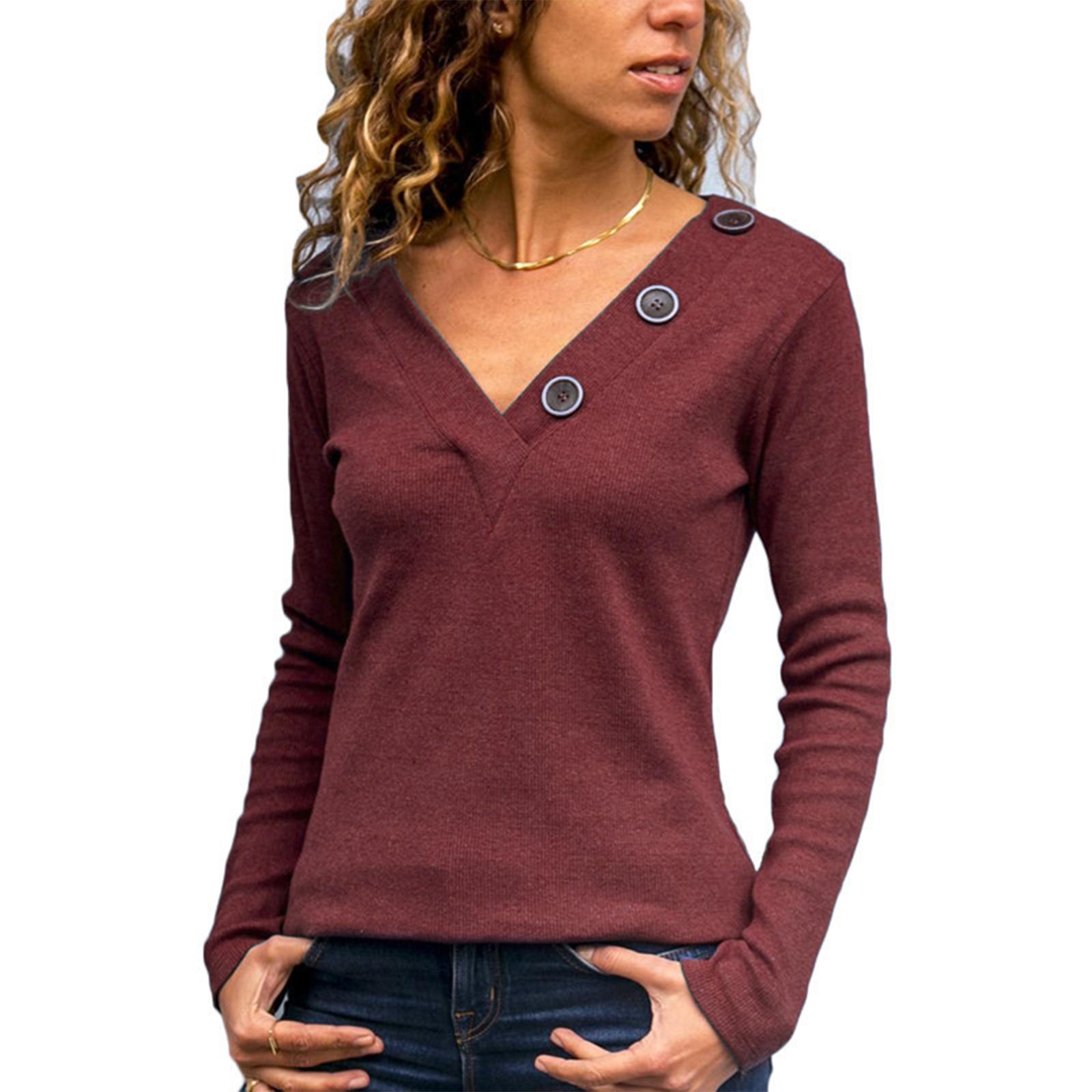 

Women s Solid Color V-neck Button Decoration Solid Color Casual Long Sleeved Women s T-shirt S