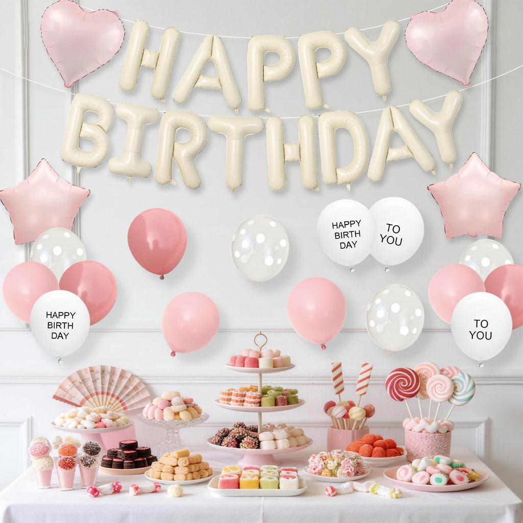 Lausatek Birthday Balloon Decoration Set Balloons Letters Garland Heart Star Clear Dot Party Decor Dusk White Pink for Boys and Girls