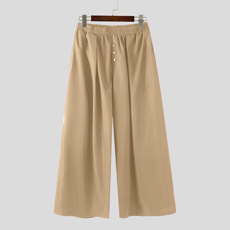 INCERUN Men Casual Elastic Waist Solid Wide Legs Pants Long Trousers with Pockets