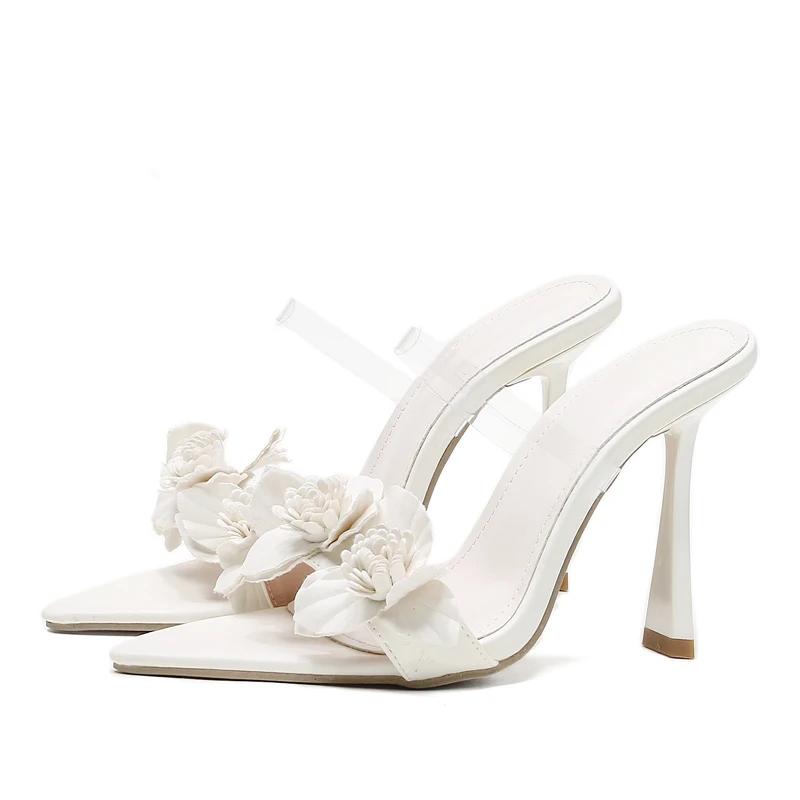 Mode Luxus Damen High Heels Sommer Transparent Blume Sexy Spitze Zehen Dünne Absätze Pantoletten Frau Kleid Party Mules Pantoletten Schuhe