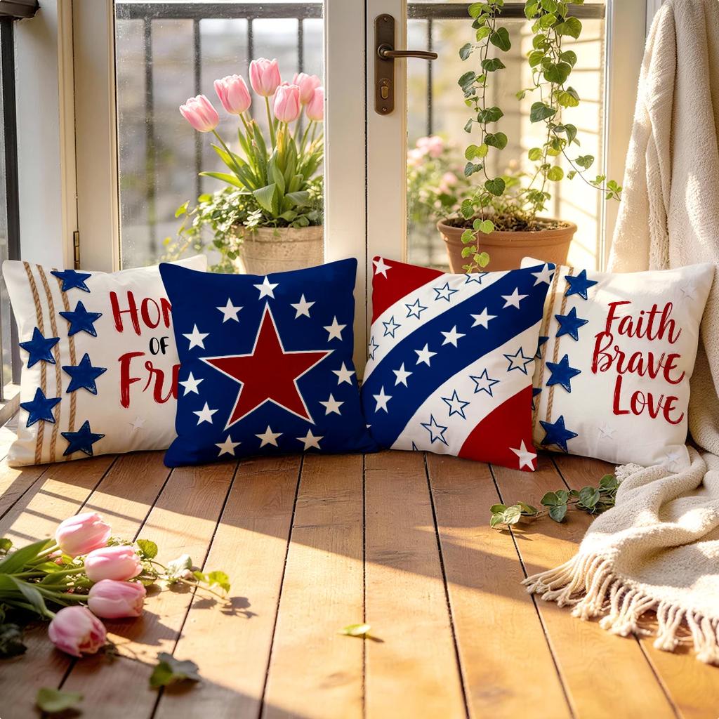 4Pcs 4Th Of July Star Hemp Rope Print Single-Sided Cushion Cover For Living Room Bedroom Car Home Decor