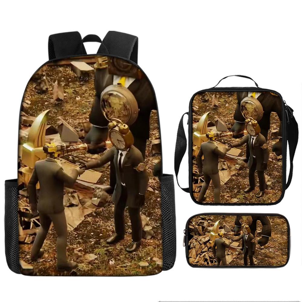 Toilet Man Backpack Trendy Backpack European and American Retro Schoolbag Cartoon Backpack Three-piece Set