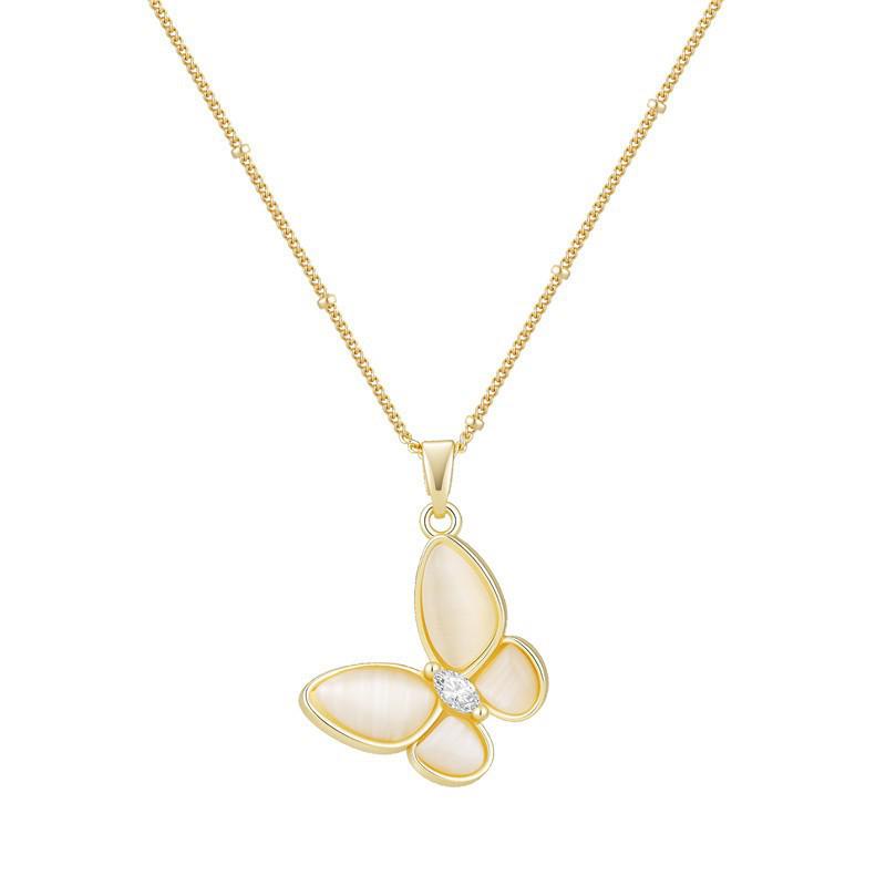 18k Gold Zircon & Diamond Necklace with Mother-of-Pearl Butterfly Pendant