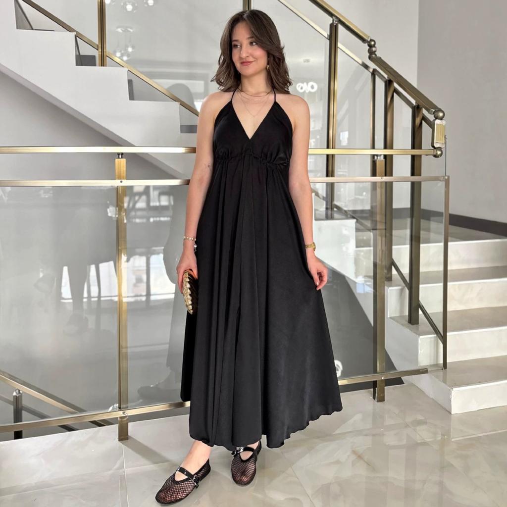 European and American women's clothing spring and summer new neck collar waist halter strap sleeveless pendulum dress