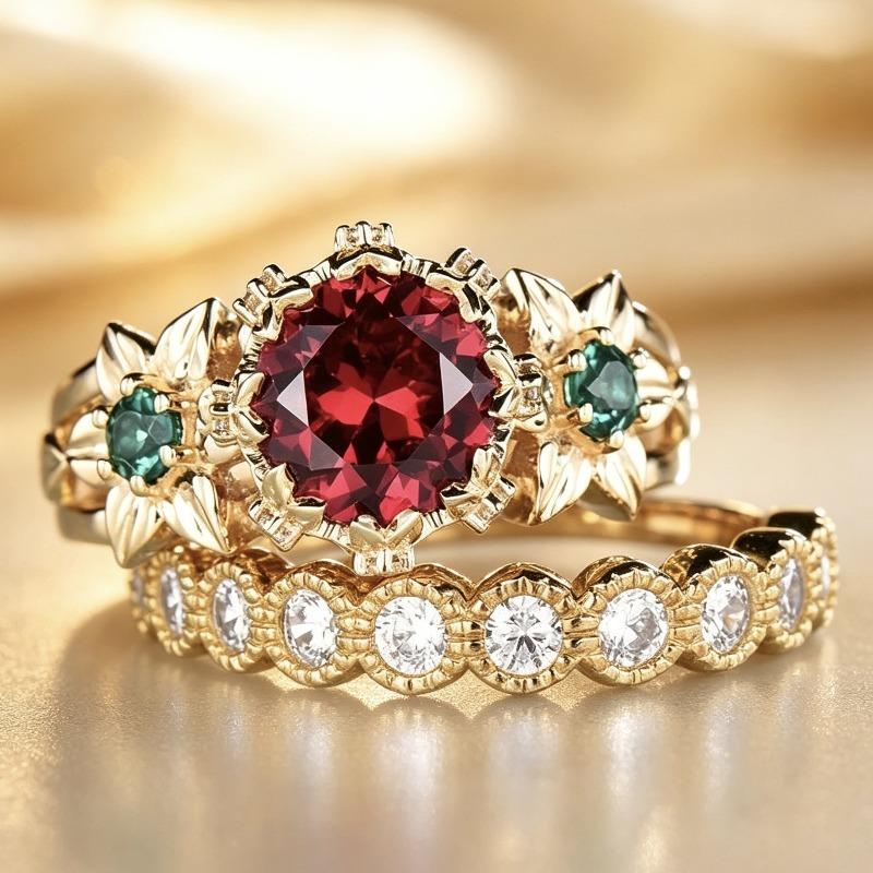Luxury New Luxury Flower Ring, Gold-plated with Red Gemstones, European Beautiful Women's Hand Jewelry