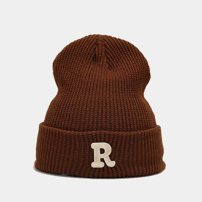Updated Letter R Embroidery Beanie Hats for Women Girl Autumn Winter Elastic Knitted Skullies Leisure Outdoor Use Ear Warmer Pullover Hat