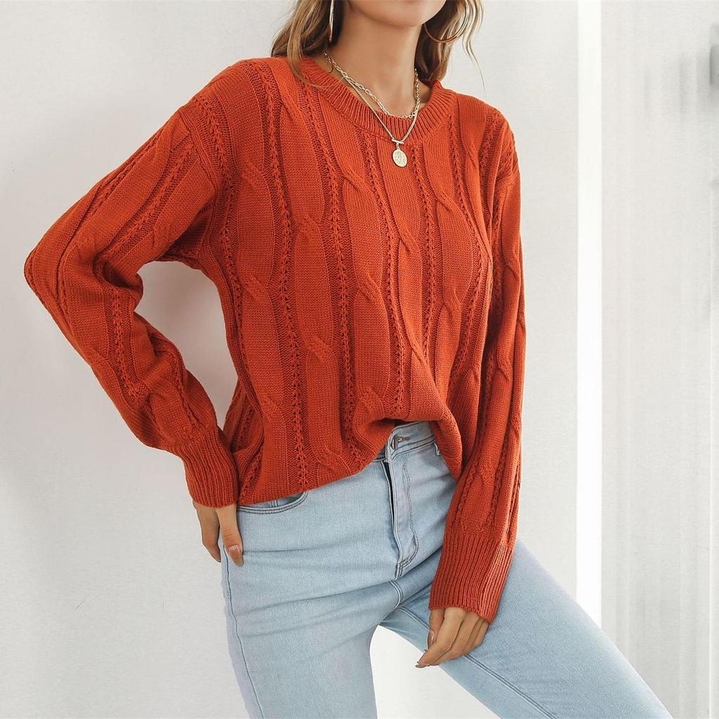 Women's Fashion Casual Cable Knit Solid Color Loose Pullover Long Sleeve Knit Sweater