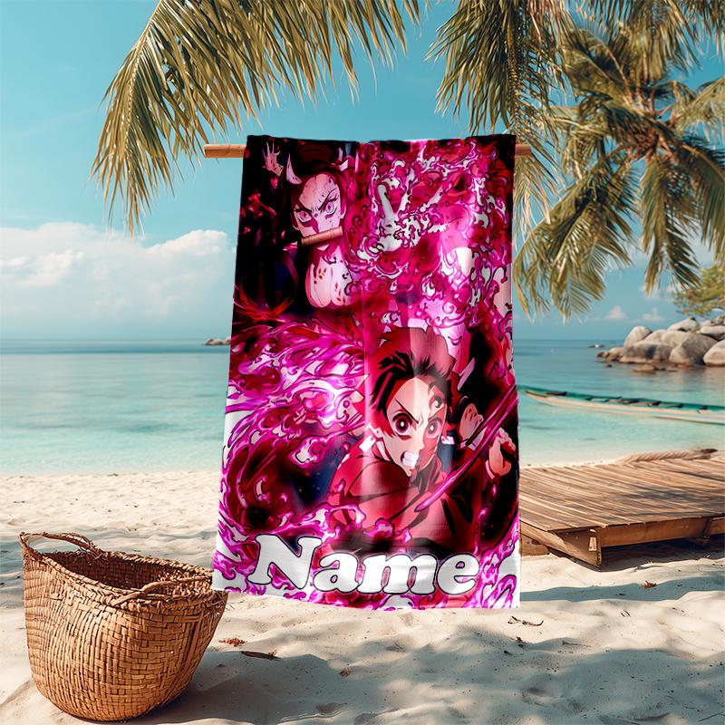 Personalized customized proof beach towel with Demon Slayer Tanjiro Kamado pattern - soft, absorbent, quick-drying, perfect swimming, camping&bathing