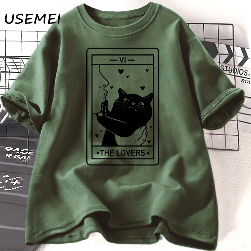 Tarot The Lovers T Shirt Cotton Short Sleeve Cat Lover T-shirt Crazy Cat Lady Graphic Tees Harajuku Casual Vintage Clothes Tees