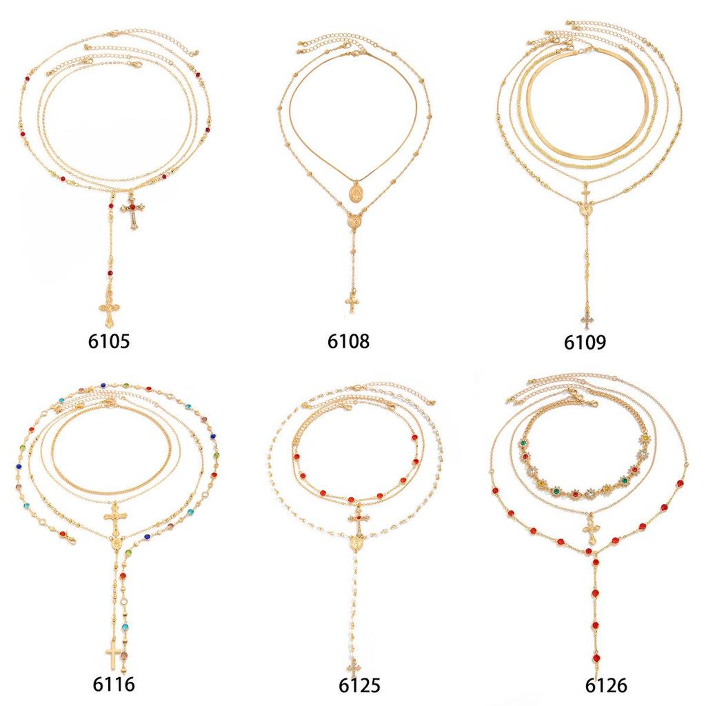 Strasskreuz & Blume Kristall Halsketten Set - Kupferbeschichtete Eisenkette, 3 Teile