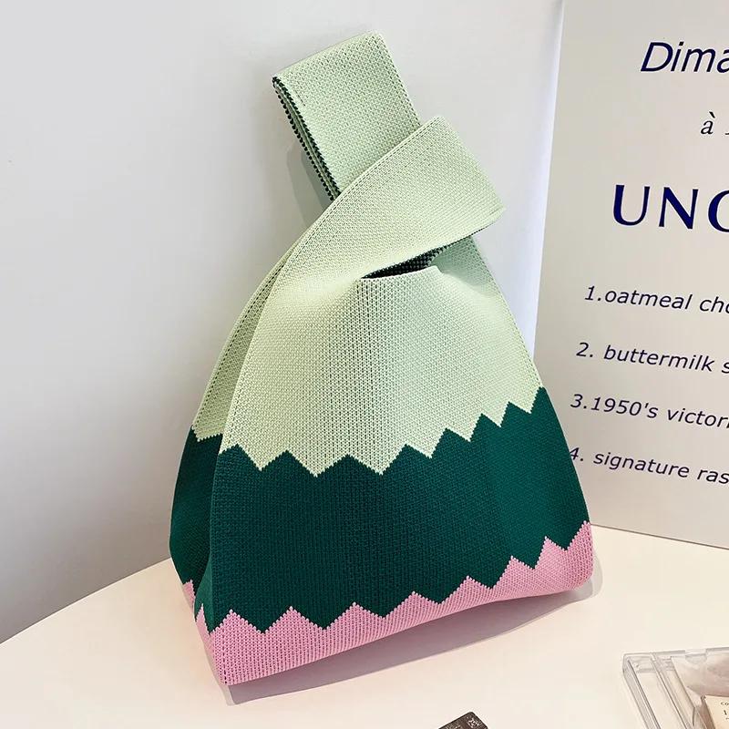 Japanese Thin Stripe Plaid Tote Bag Women Casual Color Handmade Knit Handbag Student Reusable Shopping Bag Keys Purse Handle Bag