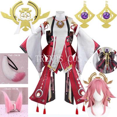 Yae Miko Full Set Guuji Yae Cosplay Costume Wig Earning Headwear Ears Tail For Comic Con