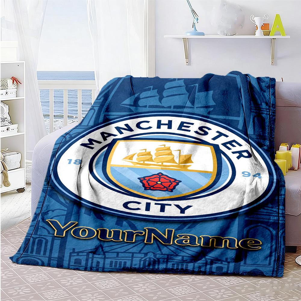 Manchester City Customize Text Blanket Multi-purpose Personalized Blanket Soft & Cozy Perfect for Nap Livingroom Living Room Office Chair