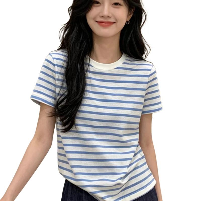 Ladies' Blue White Striped T-shirt Female Round Neck Loose Short Sleeved Blouse Summer New Korean Style Versatile Top