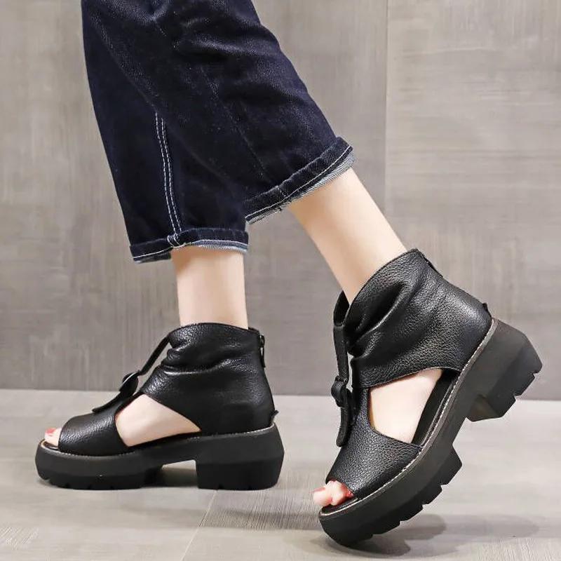 Fashion Vintage PU Leather Sandals Mid Heel Summer Fish Mouth Ladies Shoes Summer Shoes Casual Mother Sandals