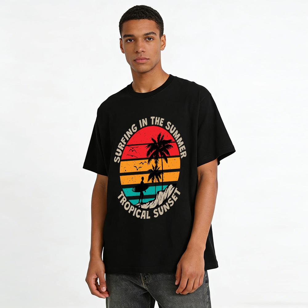 Summer Tropical Sunset Surfing Graphic Casual Tee Pure Cotton T-shirt