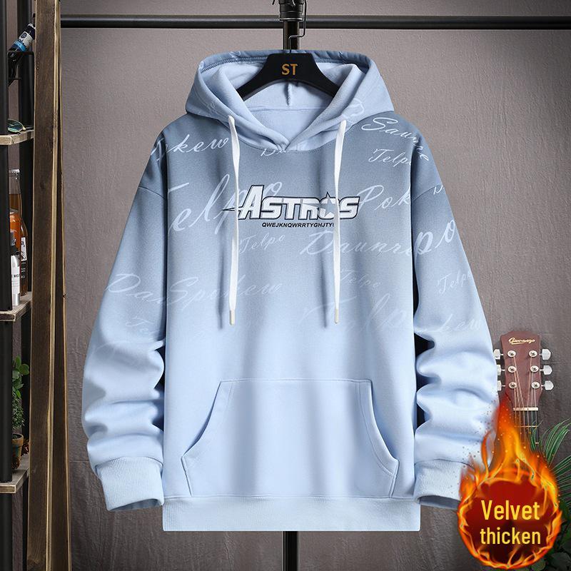 Gradient Color Block Hooded Sweatshirt for Boys, Junior High & High School Students - Plus Velvet, Thickened, Autumn/Winter Outerwear for Teens