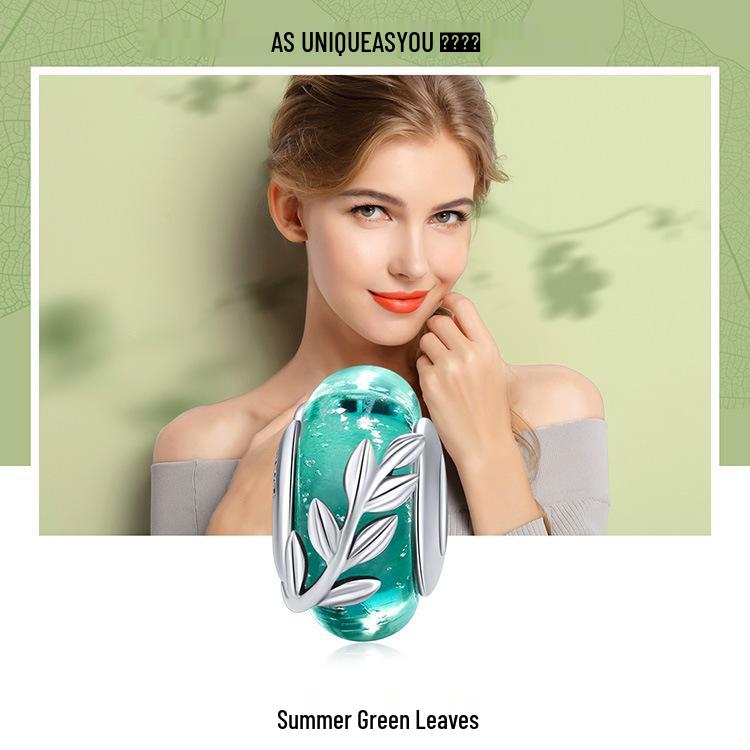 Silver Ziyun Green Leaf Glass Beads Sterling Silver Bracelet - SCC863