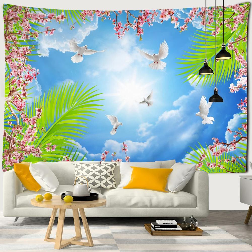 Landscape Tapestry Wall Hanging Sunny Scenery Blue Sky Love Heart Cloud Pigeon Beach Wall Tapestry Backdrop Wall Cloth Tapestry