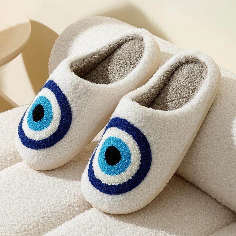 Fashion Evil Eyes Blue Embroidery Slippers High Quality Women Men Slippers Fashion Pattern Shoes Warm Home Devil's Eyes Houseshoes