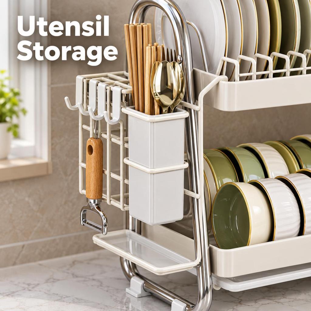 Dish Drying Rack, White 2-Tier Stainless Steel Countertop Organizer with Drip Tray and Utensil Holder