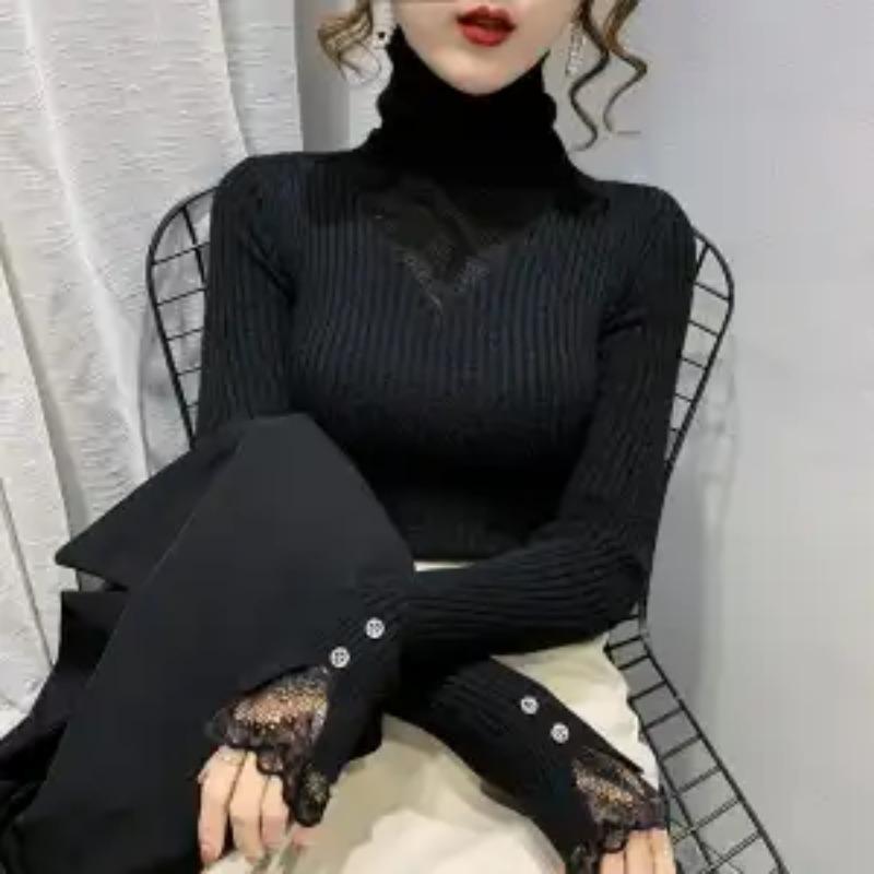 Splicing Pile Turtleneck Sweater Fashionable Slim Knitted Base Shirt Autumn Winter Mesh Hollow Lace