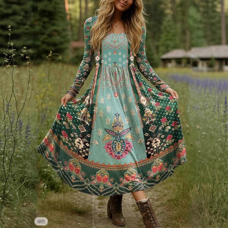 Retro Print Large Maxi Dress Women's Fashion Elegant Office Women's Long Dresses Spring Autumn Casual Long-sleeve Slim Vestidos