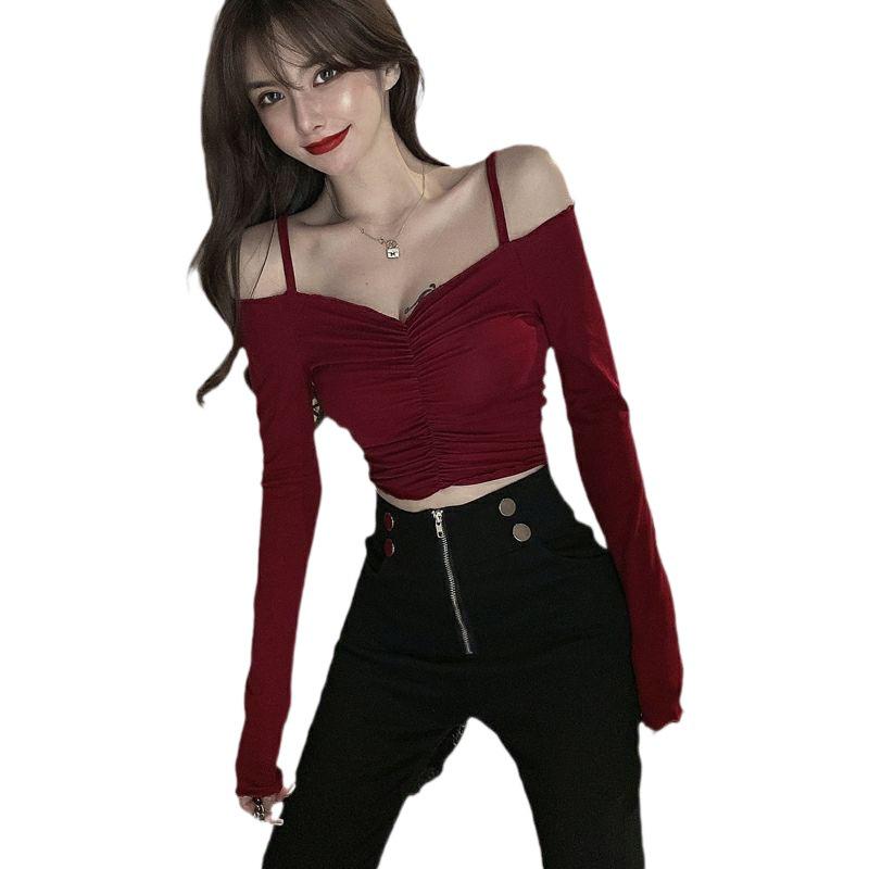 Hong Kong Style One-Shoulder Clavicle-Revealing Crop Top for Women