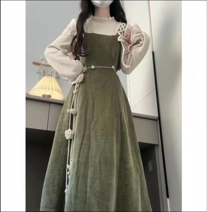 Autumn Women's Korean Style Long Sleeve Base Shirt Tops Waist Cinching Slim Effect Shoulder Strap Dresses Two-piece Set