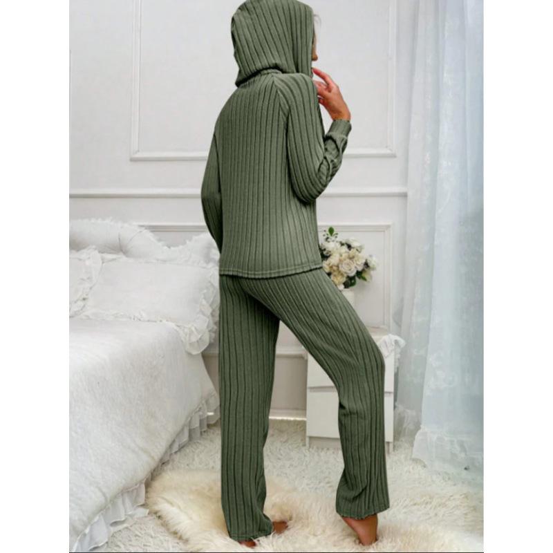 Damen Hausanzug Set Lässige Mode Rippstrick Gebürstet Langarm Kapuzen-Knopf-T-Shirt Hose