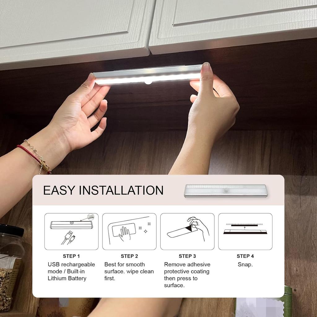 6PK Under Cabinet Lighting, 12LED Motion Sensor 12LED Light Indoor, Night Led Lights Rechargeable Stick-on Lights for Kitchen Closet Stairs