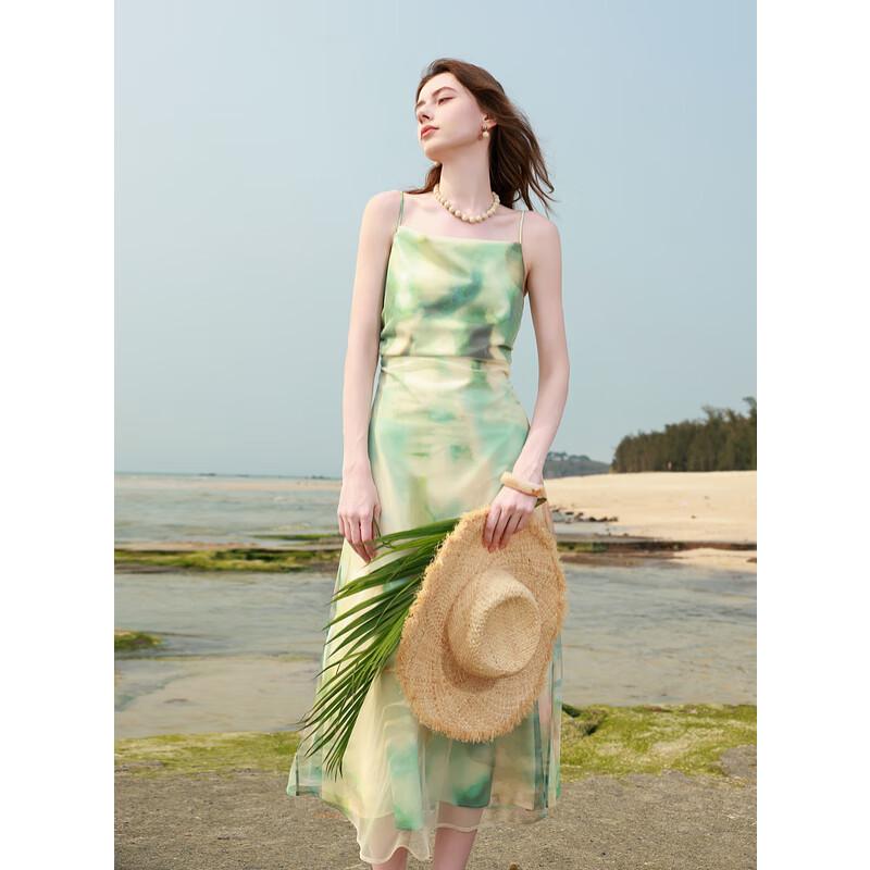 Sancai 2025 Summer Tie-Dye Printed Off-Shoulder Long Resort Dress M