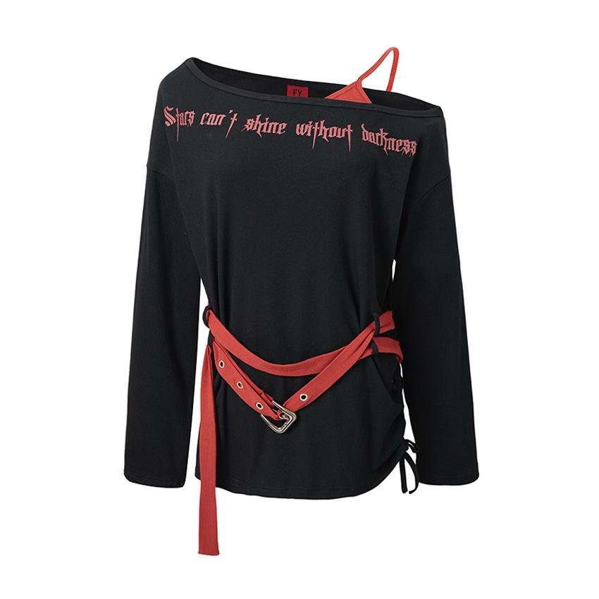

American Retro Off-the-Shoulder Long-Sleeve Belted T-Shirt, Women s Spring Design, Loose and Versatile Top Large чёрный