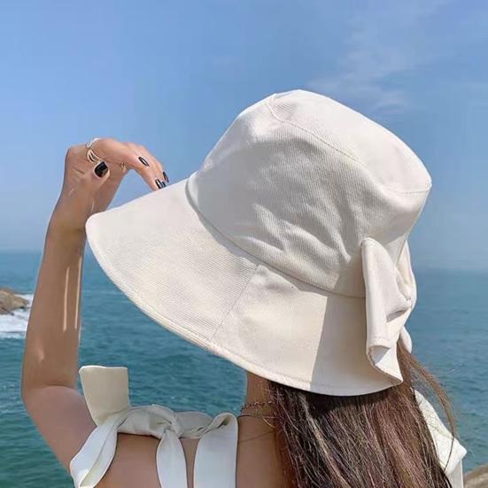 Bucket Hat with Hand-Knotted Bow Decoration Flat Dome Wide Brim Women Fisherman Hat Summer Outdoor Sun Protection Hat