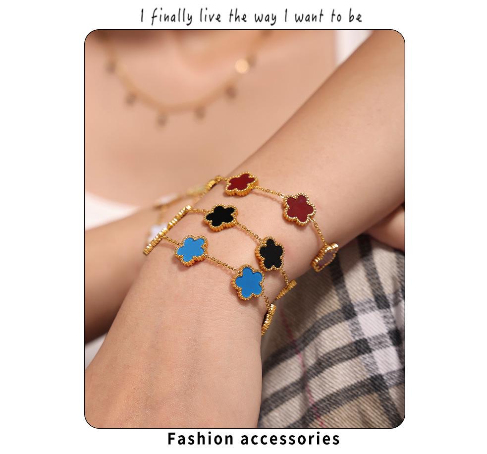 Qiongyao Multi-Color Agate Five-Petal Flower Stainless Steel Bracelet – Light Luxury, Best Friend Gift, In Stock.