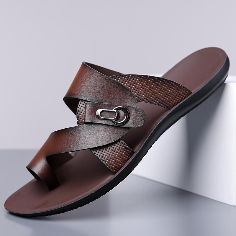 Men Black Leather Slippers Simple Flats Summer White Outdoor Brown Open Toe Wide Head Beach Shoes Plus Size