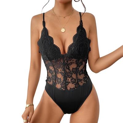 Summer Women's Jumpsuit Sleeveless Lace Sexy Tight Black Sling Bodysuit