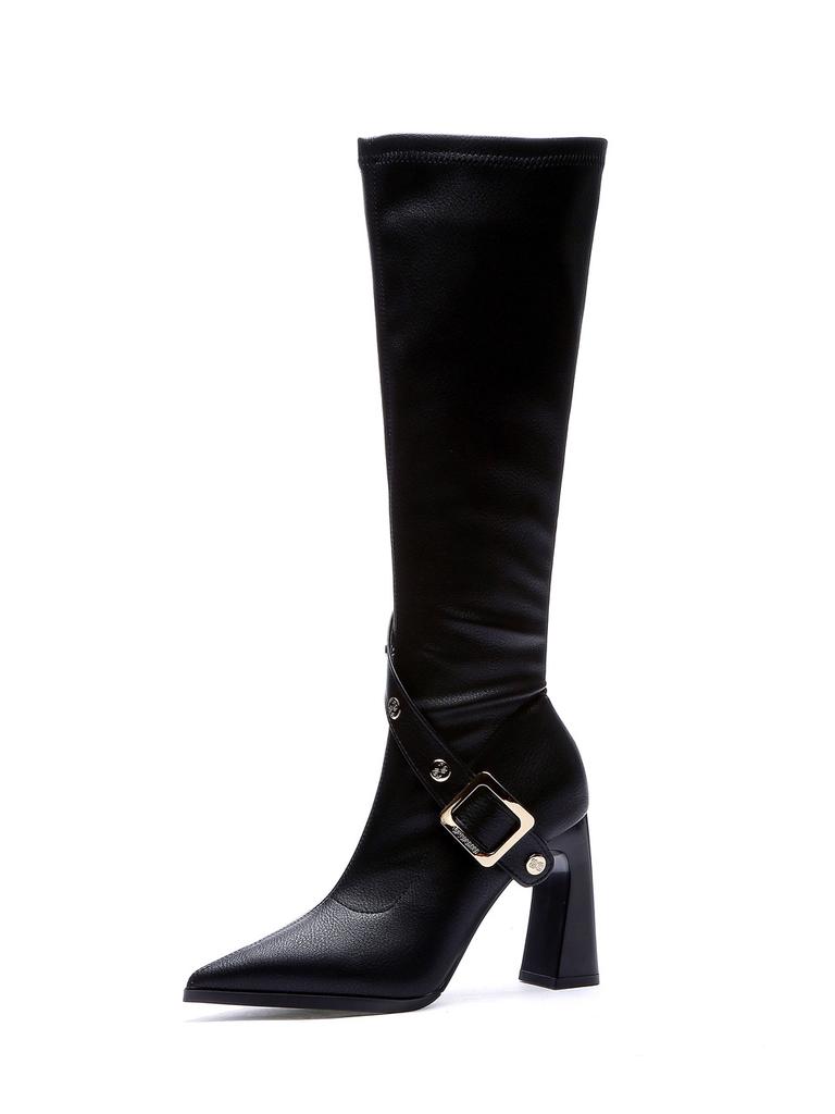 Black Boots Female  New Winter Belt Buckle Thin Pointed Thick Heel Boots Botas De Mujer  Thigh High White Boots