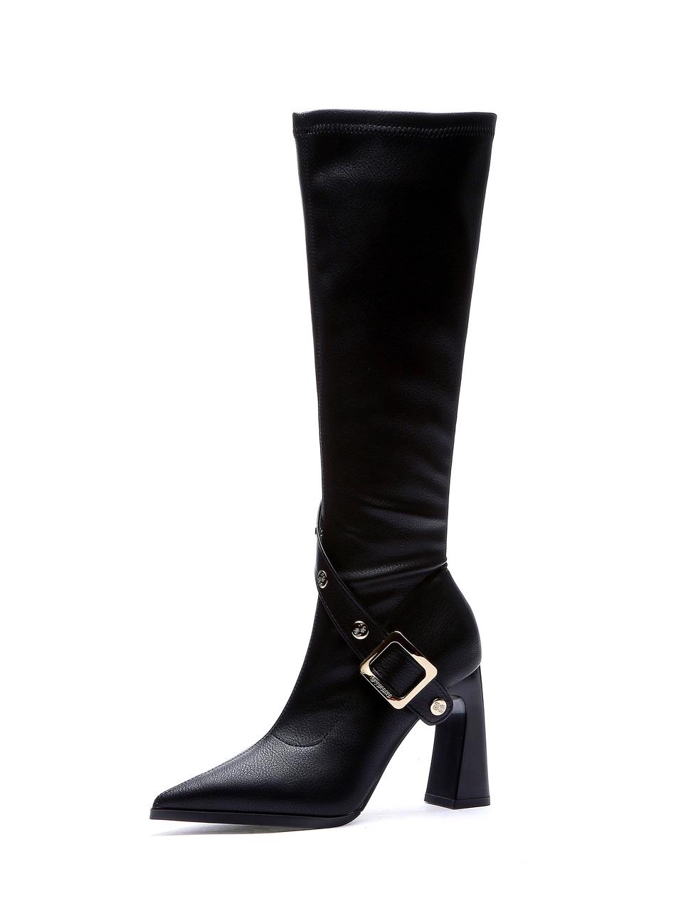 

Black Boots Female New Winter Belt Buckle Thin Pointed Thick Heel Boots Botas De Mujer Thigh High White Boots 39