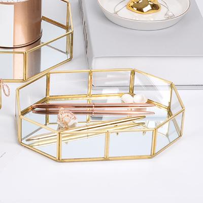 Glass Gold Mirror Tray Multi-purpose Polygonal Decorative Tray Gold Beautiful and Elegant Vanity Tray Bathroom Counter Desktop