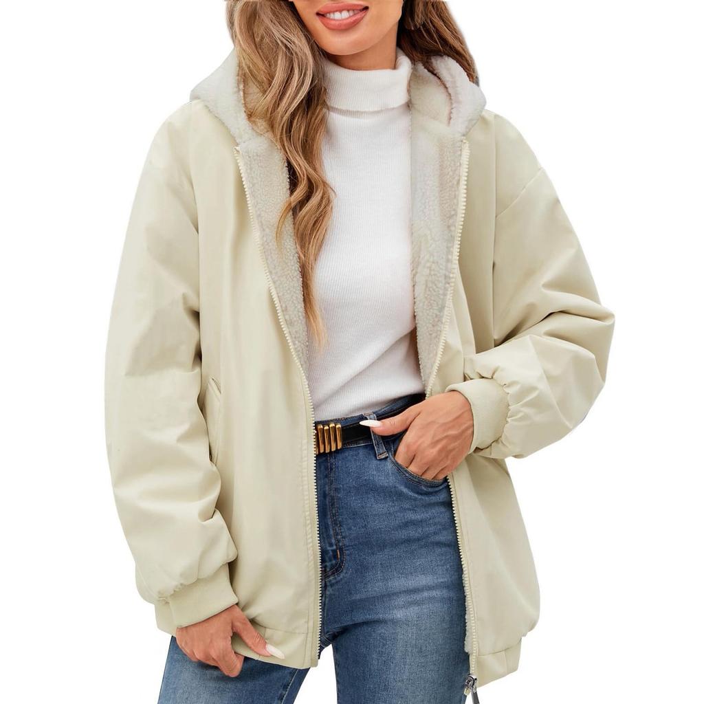 Damska Polarowa Zimowa Kurtka Bluza z Kapturem Dwustronna Długi Rękaw Casualowa Bluza Płaszcz z Kieszeniami