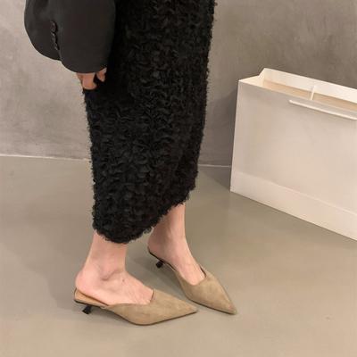Borsa a testa di gatto francese e stampa leopardo, mezzo zoccolo con tacco alto, scarpe da donna, da indossare nella primavera e nell'autunno 2024, camoscio, mezzo piatto, scarpe singole