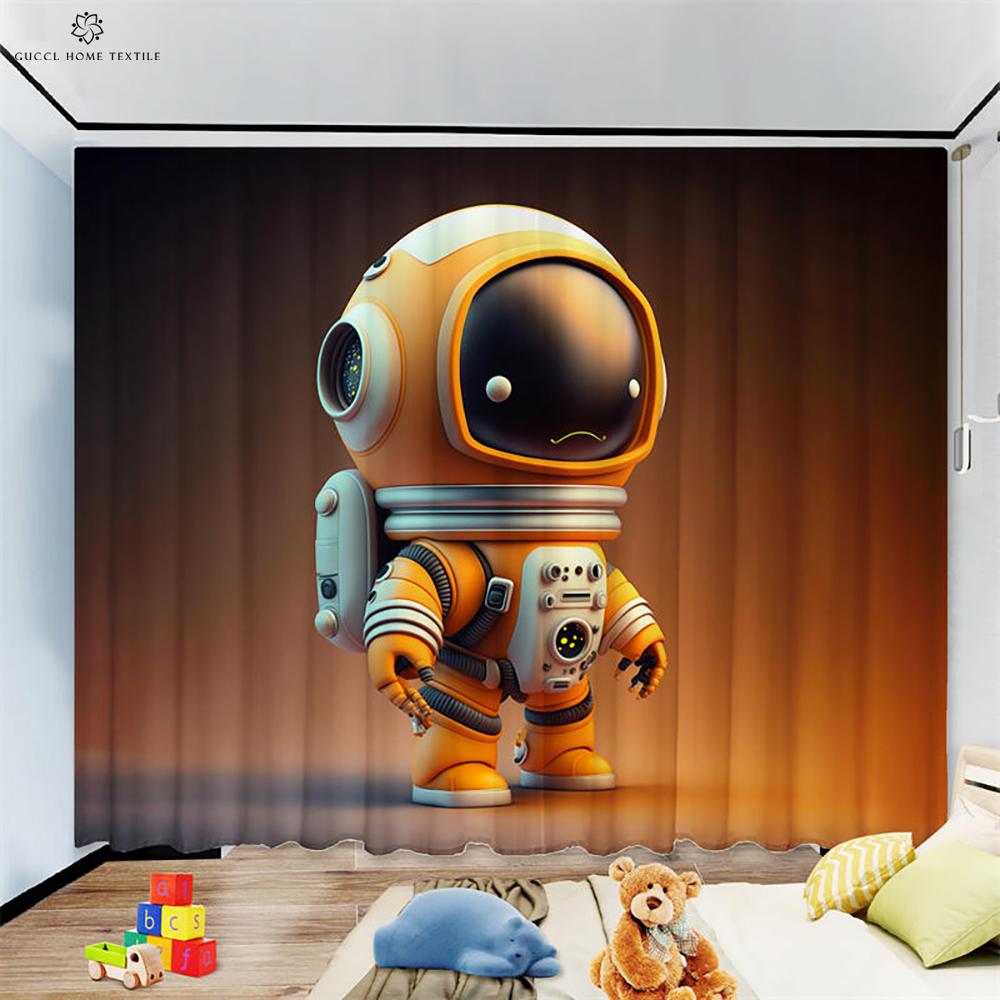 Animation Cartoon Astronaut Curtains for Children's Room, Window Decoration, Living Room, Study, Kitchen, Space, 2Pcs