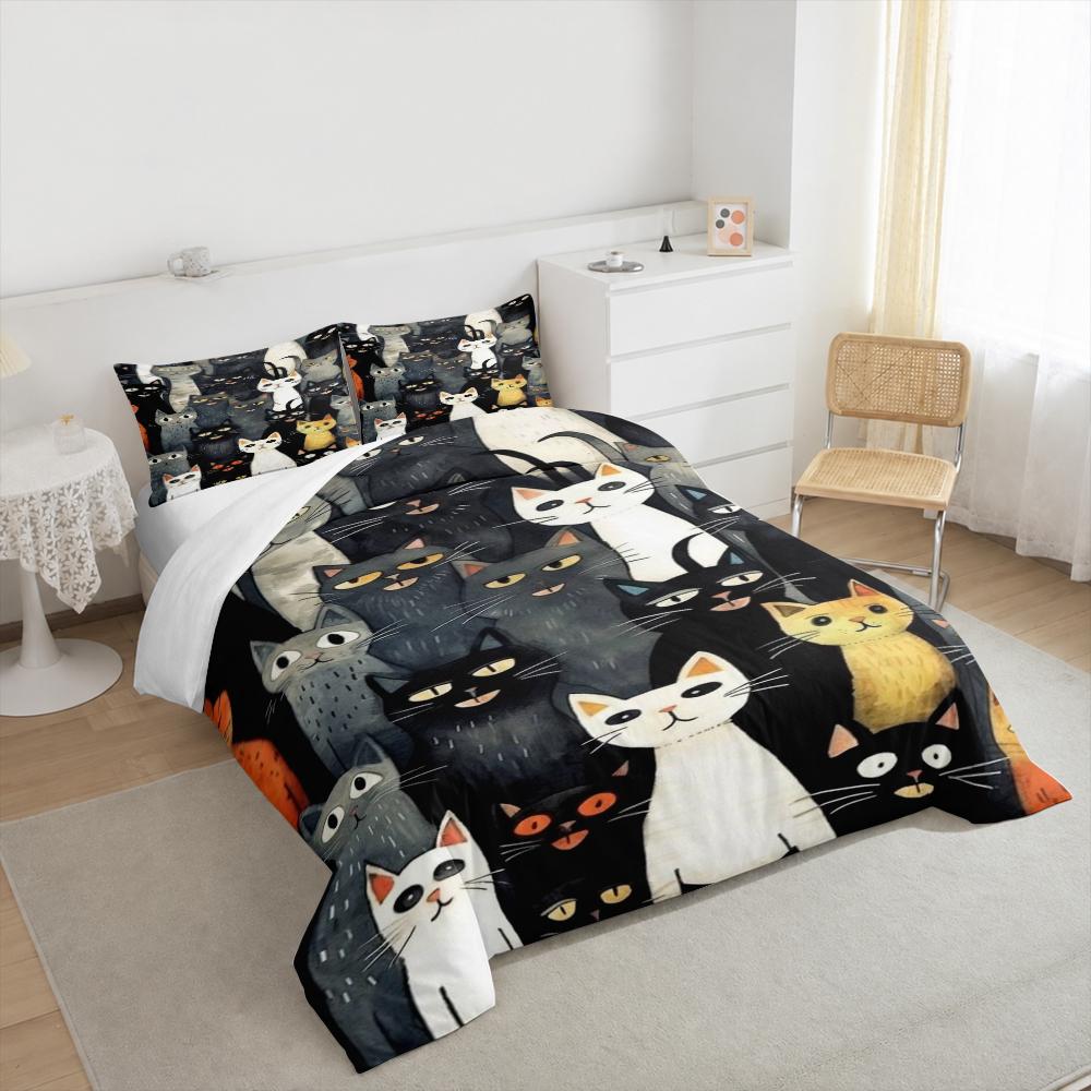 Watercolor Cats Crowd Bedding set (1 duvet cover, 2 pillowcases, duvet not included), Black Grey White Feline Illustration Art Print