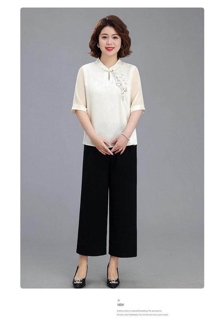 Spring & Summer Chinese Style Embroidered Chiffon Blouse for 50-Year-Old Women with Seven-Point Sleeves