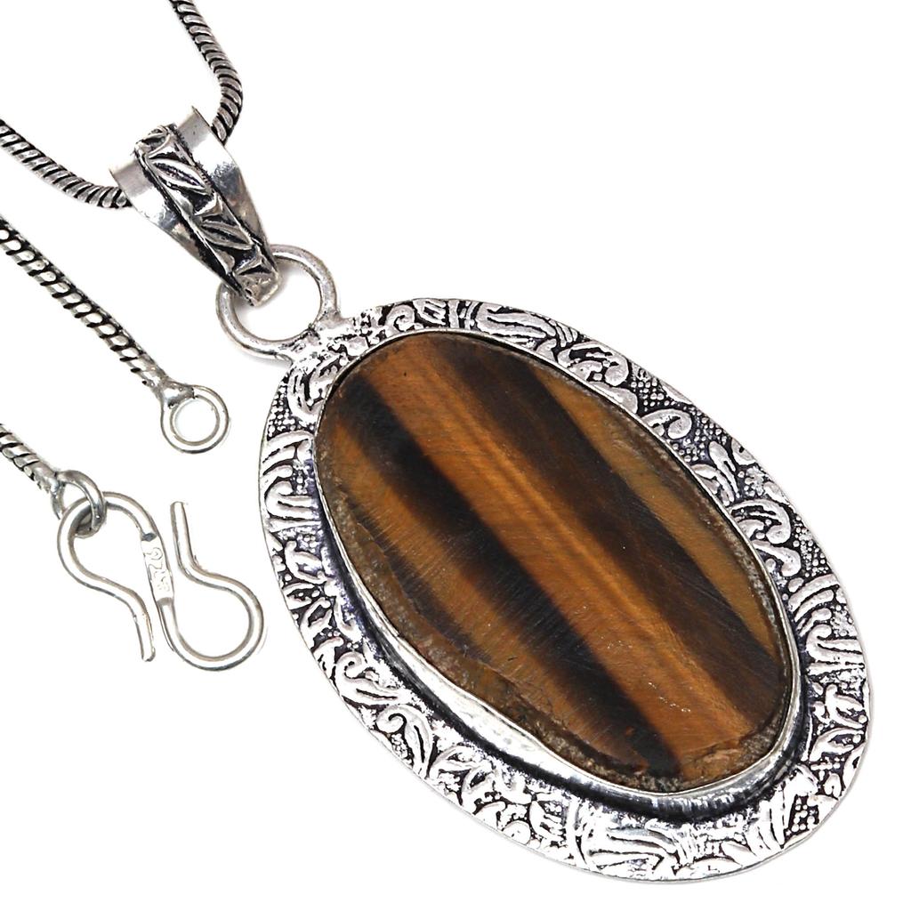 Pendant Tiger's Eye Gemstone Handmade Gift For Her Silver Jewelry 2.25"